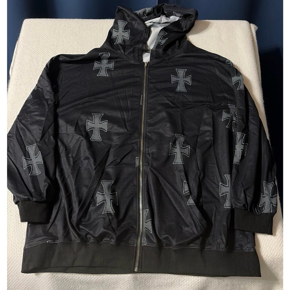 BloomChic Women’s Plus Size 18/20 Black Cross Print Hooded Zip-Up Jacket